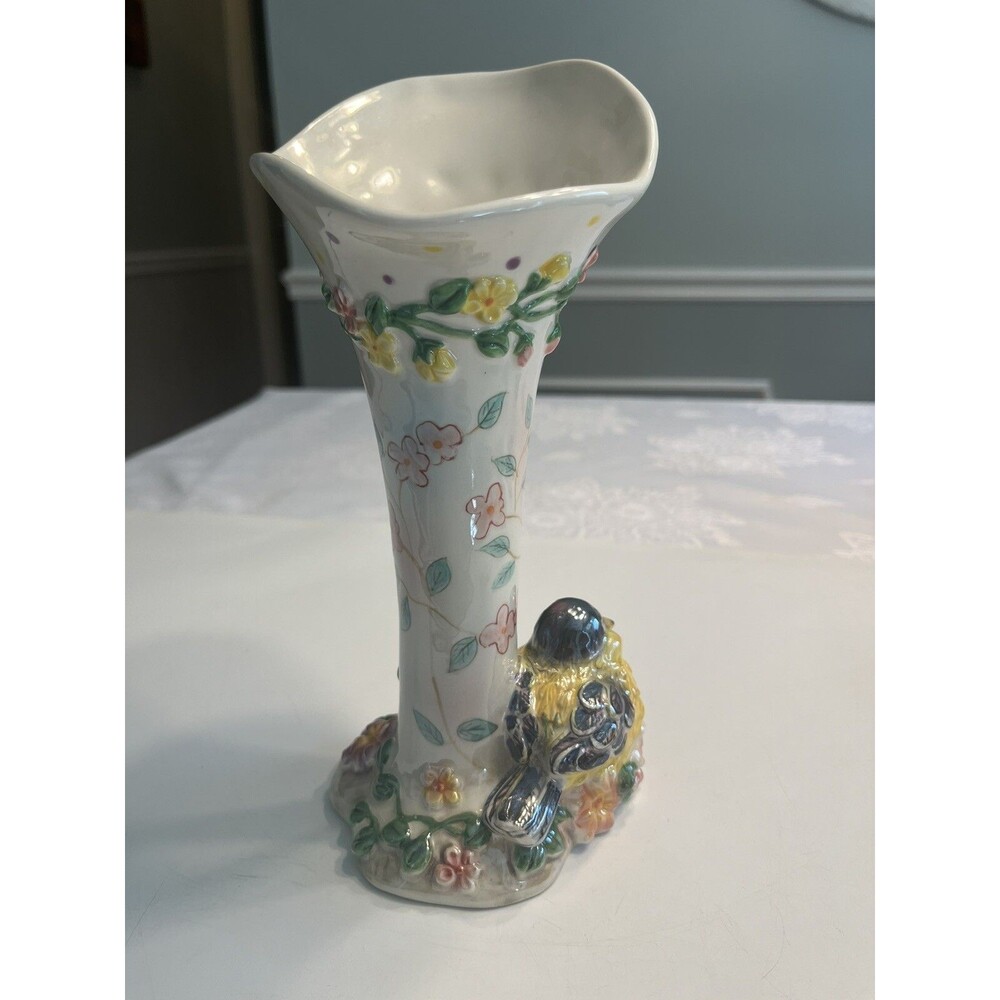 A Birds Flight Goldfinch Floral Iridescent Ceramic Vase